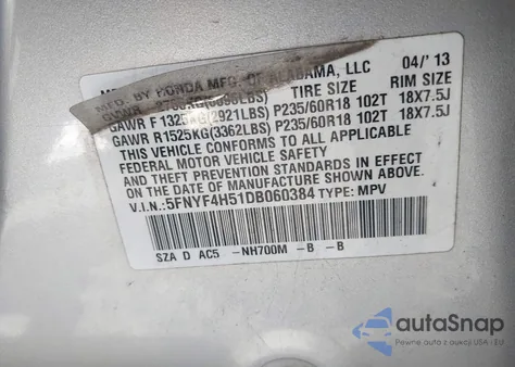 2013 Honda Pilot Ex-L из США, поврежденный, VIN 5FNYF4H51DB060384